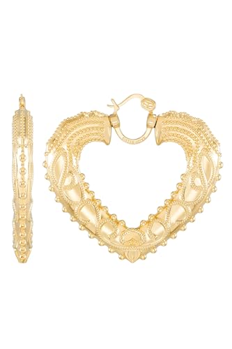 Sister Love - Queen of Hearts 18K Yellow Gold over Sterling Silver Regal Heart Hoop Earrings, 60mm (Large)
