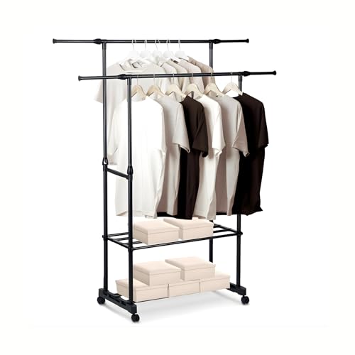 Double Rail Clothes Rack, Heavy Duty Metal Garment Organizer Stand, Portable Wardrobe, Freestanding Wardrobe, Clothing Rail, Dual Hanging Bars, Bottom Shoe Storage Shelf Bedroom, Hallway Laundry Room