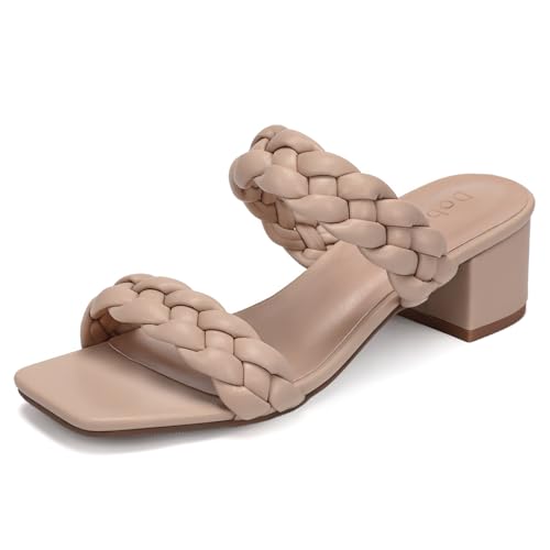DOBOLIN Wide Width Sandals for Women Braided Dressy Sandals Comfortable Chunky Heels Slip on Shoe for Wedding Summer Nude, US Size 8