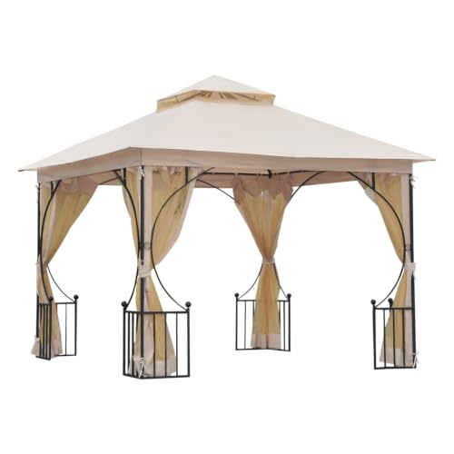 Image of Outsunny 3 x 3m Garden Gazebo Double Tier w/Metal Frame Netting Beige