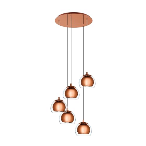 Eglo Suspension luminaire Rocamar à 5 lampes, lustre suspendu en métal aspect cuivre et verre...