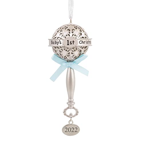 Image of Hallmark Premium Baby's First Christmas, Silver Baby Rattle with Blue Ribbon 2022 Christmas Ornament, Metal (0001HAJ1914)