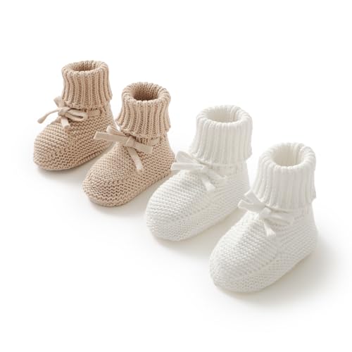 Rebolly 2 Pairs Baby Booties 100% Cotton Knitted Newborn First Cozy Warm Crib Shoes for Toddler Infant Boy Girl Babys Shower Gift