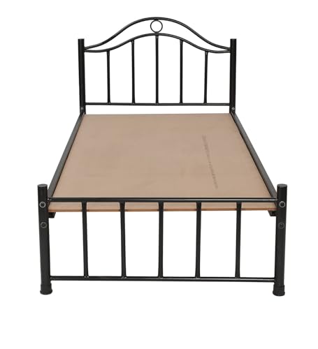 Image of Globally Indian Single Size Metal Bed Frame with Plyboard Support | Heavy Duty Wrought Iron Bed | Noiseless Strong Structure | Under-Bed Storage Space | Easy DIY Assembly Bedroom Furniture (Black)