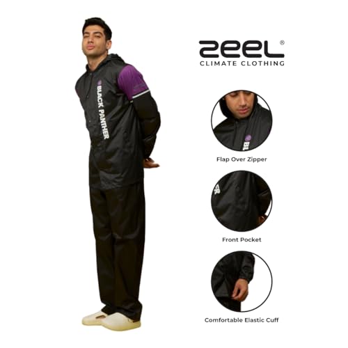 Image of ZEEL Water Fighter Rain Coat for Men with Adjustable Hood, Polyester Waterproof Full Sleeves, Top and Bottom Set Rainwear, Front Zip with Flap, Lightweight Raincoat