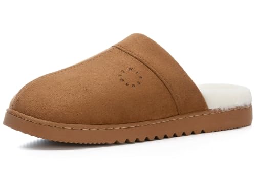 NineCiFun Slippers for Women Fuzzy House Shoes Cozy Suede Scuff Mules with Plush Fleece Lining Memory Foam Non-Slip Indoor Outdoor Cute Slippers Dark Camel Size 7 8