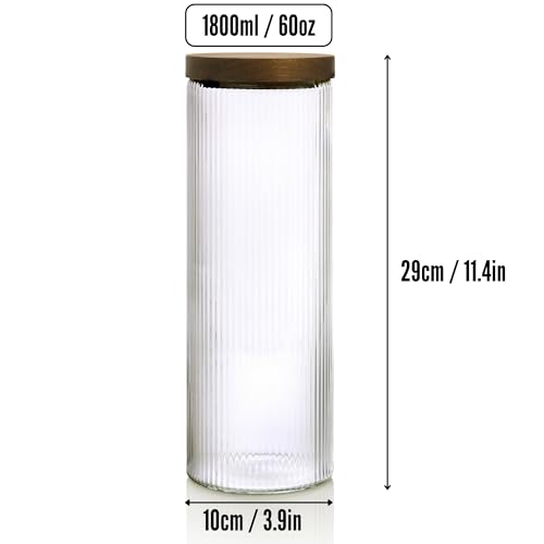 Mason & Fable Glass Storage Jars with Ribbed Pattern & Airtight Wood Lid- Glass Food Canisters for Spaghetti, Cereal, Pasta or Flour -Ideal for Kitchen, Pantry, Bar Organization- 1800ml Set of 2