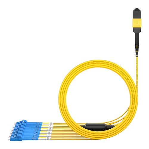 Image of AMPCOM MPO to LC Breakout Cable 9 /125μm Singlemode OS1 /OS2(12 Fiber, MPO to LC, Type B, LSZH /Riser, UPC, Yellow) 15m (49ft)