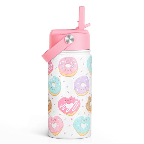 Image of SANDJEST Donut Kids Water Bottle With Straw Lid 12oz Insulated Stainless Steel, Sprinkle Travel Tumbler, Gifts for Girls, Birthday, Christmas, Back To School