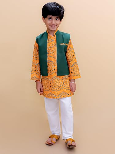 Image of The Mom Store Boys Printed Cotton Kurta Pajama Set With Jacket | Soft And Comfortable Ethnic Wear For Baby /Kids Boys | Full Sleeves Kurta Pyjama Set | Traditional Indian Outfit