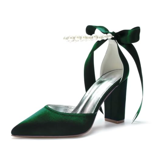 Image of Pearl Wedding Shoes for Bride Chunky Heel Poined Toe Wedding Block Heels Prom Evening Pumps