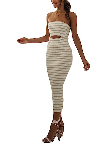 NUFIWI Women Summer Strapless Knitted Long Dress Off Shoulder Striped Cutout Midi Dress Bodycon Backless Beach Sun Dress3