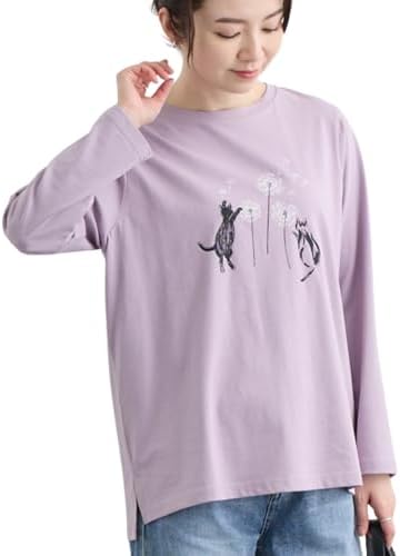FLUTE.MF Women's 100% Cotton Long Sleeve T-Shirt, Printed, Cat Pattern, Floral Print, Cut-and-Sew, Loose, Plus Size, Top, Spring, Summer, Autumn