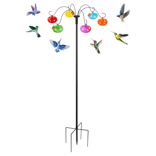 Liitrton Glass Hummingbird Feeders with Shepherds Hook for Outdoors Hanging 6 Hand-Blow Glass Hummingbird Feeder Balls, Adjustable Hight Bird Feeder Pole for Outside Garden Decor