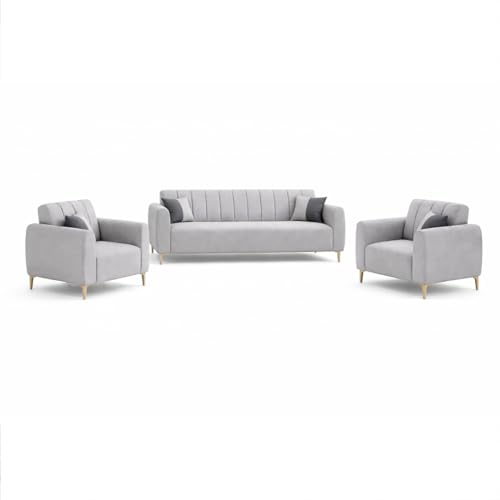 Image of Habibi Rich Velvet Suede 3+1+1 Seater Sofa Set | Spacious Soft Touch Comfort Seating | 5 Person Seating | Modern Living Room Sofa Set (Light Gray)