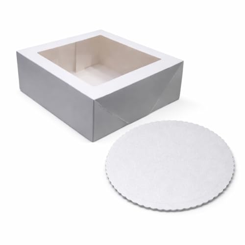 Azucren, Cajas para Tartas con Base, Ideal como Cajas para Galletas de Cartón y Cookie Box, con Ventana Superior para Proteger, Transportar y Exhibir Tartas y Repostería, 20 x 20 x 9,5 Cm, Base 20 Cm