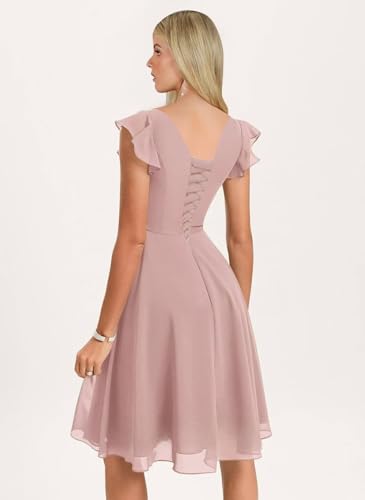 Women's Short Bridesmaid Dresses Ruffled Chiffon V Neck Flutter Sleeves A Line Formal Gown with Pockets2