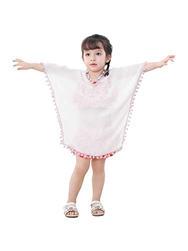 Girls Cover Ups Swimsuit Cover Ups for Girls Bathing Suit Beach Dress Baby Girl Swimwear Wraps with Pompom Tassel Sarong Wrap Skirt 03 White Pink 2-4T