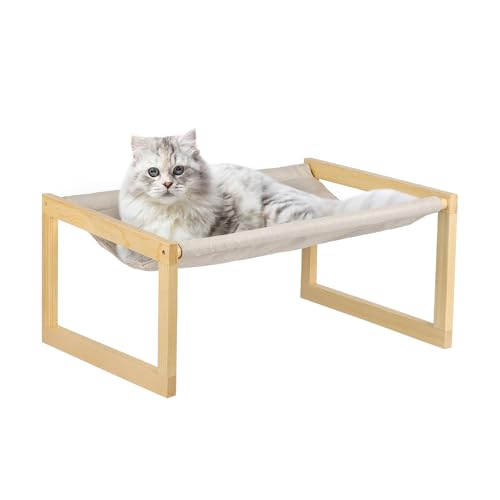 XUANYU Lit Niche Chat Panier Lavable Coussin Doux et Confortable Perchoir (Beige-Bois, sur Pied, 50x40x25 cm)