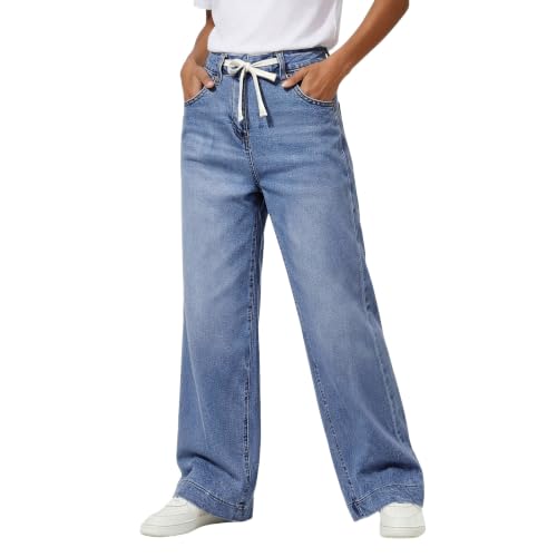 Wide Leg Jeans for Women Stretch High Waisted Drawstring Jeans with Pockets - image 5