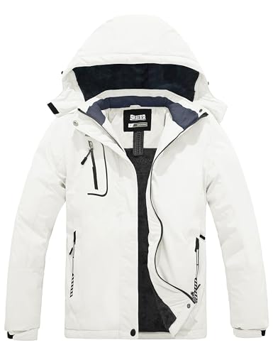 Skieer Women's Waterproof Ski Jacket Windproof Fleece Rain Jacket Warm Hooded Winter Coat(White,Small)