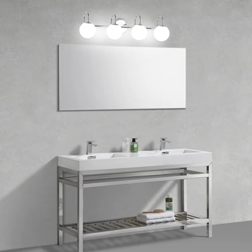 Image of Chrome Mid Century Modern 4-Light Bathroom Light Fixtures Over Mirror, Vanity Wall Sconces With Globe Frosted Milk Glass