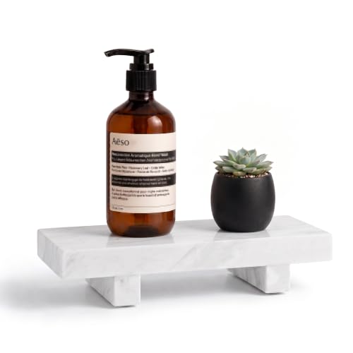 WORHE Natural Marble Tray Pedestal Stand for Bathroom Countertop, 9" x 4" Stone Riser for Soap, Perfume & Candles, Waterproof Marble Vanity Tray for Sink, White (WH088)