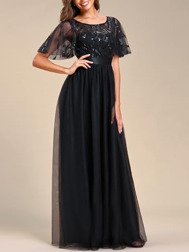 Image of Ever-Pretty Sequin Formal Prom Dresses for Women Ruffle Sleeves Empire Waist A-Line Long Mother of Bride Dress 00904