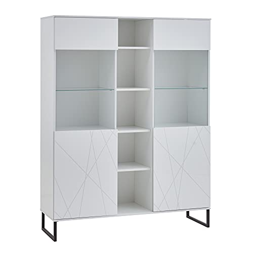 trendteam smart living Wohnzimmer Highboard Schrank Vitrine 3D-Optik , 130 x 168 x 42 cm Weiß Hochglanz mit viel Stauraum