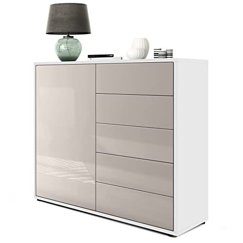 Vladon Buffet Ben V2, Commode avec 1 Portes et 5 tiroirs, Blanc Mat/Gris Sable Haute Brillance (79 x 74 x 36 cm)