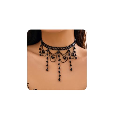 Chargances Vintage Crystal Beaded Long Pendant Necklace 90s Victorian Black Lace Choker Charm Layered Chain Necklace Jewelry for Women(Style 4)