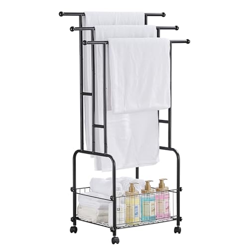 LIUBEI Porte Serviette sur Pied avec Étagère de Rangement, Roulettes et Gain de Place - Accessoires de Salle de Bain, Noir