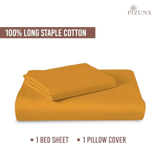 Image of Pizuna 100% Cotton Bedsheet Single Honey Gold, 400 Thread Count Long Staple Combed Cotton Flat Bedsheets 60 x100 Inches with 1 Pillow Cover, Bed Sheet for Single Bed