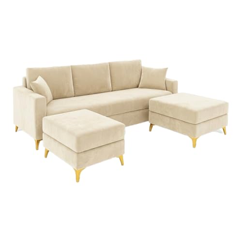 Image of SOCOZI Bravelle 3 Seater Modular Sofa Set with 2 Ottoman | Soft Velvet Suede Fabric | Modern Design | Plush Comfort Cushions for Living Room (Cream)