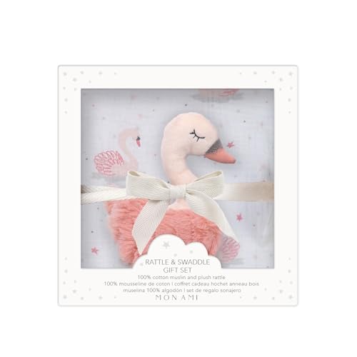 Image of MON AMI 'French Swan' Muslin Swaddle Blanket & Plush Swan Rattle Gift Set | Soft Cotton Baby Swaddle & Cuddly Rattle Toy | Perfect Newborn Essential for Birthdays & Baby Showers
