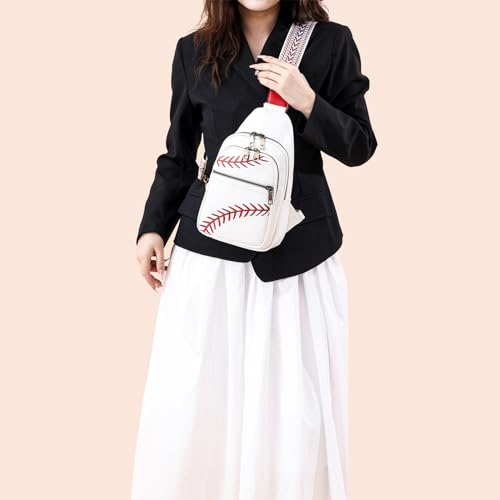 Image of FAYBA Small Sling Bag for Women Crossbody Fanny Pack, Baseball Print PU Leather Wide Guitar Strap Chest Sling Backpack Purse