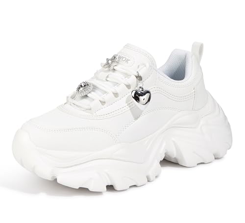 Image of K KIP WOK Chunky Sneakers for Women Fashion Platform White Leather Casual Dad Shoes Comfortable Wedge Walking Sport Sneakers