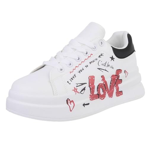 Ital Design Damenschuhe Freizeitschuhe Sneakers Low, YH45-, Kunstleder, Weiß Schwarz, Gr. 36