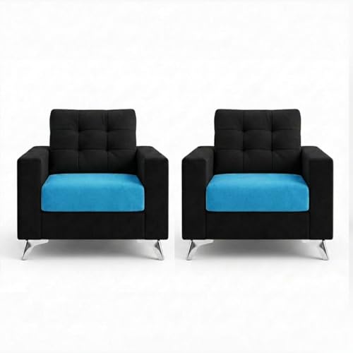 Image of Hakuna Plush Velvet 3 Seater + 1 Seater + 1 Seater Sofa Set | Silken Velvet Upholstery | Golden Legs | Designer Set for Living Room & Office Spaces (Black & Aqua Blue)