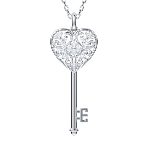 THELANDA Genuine Moissanite Sterling Silver Classic Filigree Key Pendant Necklace, Adjustable 18-20 Inch Chain with Lobster Clasp, Elegant Fine Jewelry Gift for Women