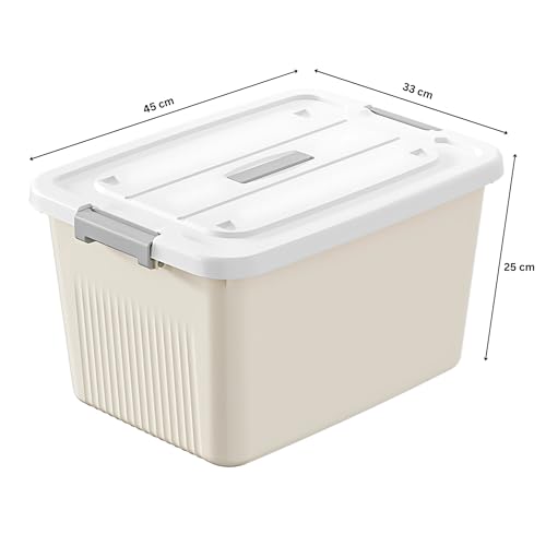 Image of KREPS Plastic Storage Bins With Latching Lids Stackable Containers, Large Storage Box For Bedroom, Basement, Classroom, Camping, Office (CREAM, X-LARGE - 18 X 12 X 9.5 INCH, PACK OF - 3)