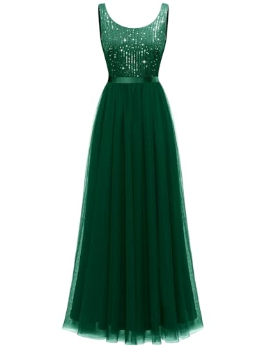 Image of BeryLove Sequin Dress for Woman Vintage A Line Wedding Formal Swing Mesh Dress Sleeveless Cocktail Maxi Gowns