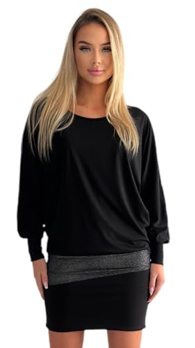 Mississhop 95-31 Damen Minikleid festlich Glitzer Kleid Pulli Tunika Schwarz L