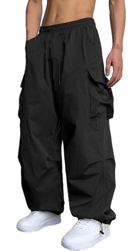 Men's Casual Cargo Pants Elastic Waist Drawstring Street Hip Hop Trousers with Pockets