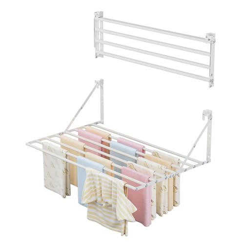 Innotic 80CM Wäscheständer Wandmontage Klappbar, Rostbeständig Wäschetrockner Wand Outdoor mit 8 Stangen groß Raum, Platzsparend Wäscheständer für außen Bad Balkon Waschraum (Weiß)
