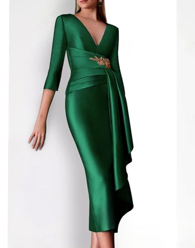 Sheath/Column Elegant Formal Cocktail Dress 3/4 Length Sleeve Tea Length V Neck Wedding Guest Dress with Buttons 20242