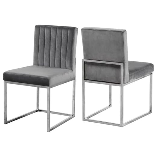 Meridian Furniture Giselle Collection Modern | Contemporary Velvet Upholstered Dining Chair with Durable Metal Base, Set of 2, 18" W x 22" D x 32" H, Grey