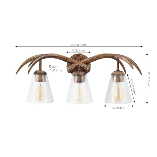 Image of JONATHAN Y 25.5 inch Brown Wood Finish 3-Light Resin Faux Antler LED Vanity Light, Southwestern Bohemian Wall Sconce with Seeded Glass Shades, UL Listed, LED Bulbs Included JYL6309A