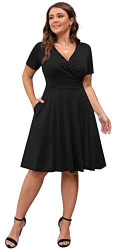 Image of POSESHE Womens Plus Size Dresses Summer Short Sleeve Wrap V-Neck Sundress Casual Wedding Guest Cocktail Dress with Pockets