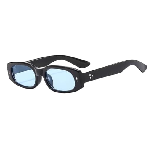 DQbhzh Óculos de sol retangulares retrô Y2K para mulheres e homens, óculos de sol retangulares estreitos com matiz oval moderno, vintage, estilo chique dos anos 90, Armação preta brilhante, lente azul